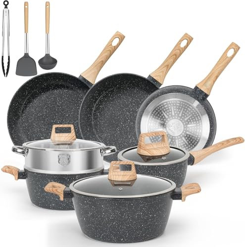 Terlulu Induction Hob Pots and Pans Set - 13pcs Nonstick Cooking Pans Set, Black Granite Cookware Set with Lid, Non Stick Saucepan Set, Frying Pan Set, PFAS PTFE PFOA PFOS Free