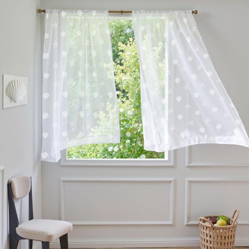 TOPICK White Net Curtains with Coast Star Pattern for Windows, Semi Sheer Voile Curtains 54 Inch Drop, Back Tab & Rod Pocket Light Filtering Curtain 2 Panels for Bedroom, Living Room, W55xL54 Inch