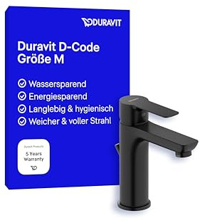 Duravit D-Code Waschtischarmatur, Größe M (Auslauf Höhe 167 mm), energiesparende Armatur (FreshStart), wassersparender Wasserhahn (MinusFlow), mit Zugstangen-Ablaufgarnitur, Schwarz Matt