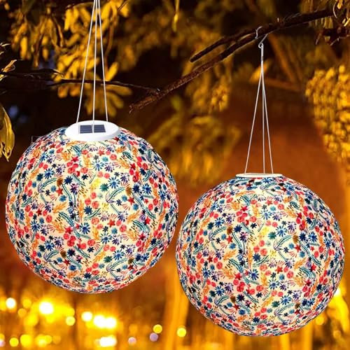 2 Stück Solar Lampions Außen Wetterfest: 30CM LED Laterne Wasserdicht Warmweiß Hängende Solar Gartenlaterne, Lichterkette Lampion für Garten, Terrasse