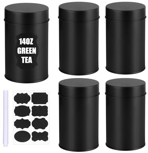 RUIYELE 4Pcs Tea Tin Canisters with Double Airtight Lids,14oz Round Black Metal Tea Sugar Coffee Canisters Set Small Coffee Caddy Kitchen Container Storage for Loose Leaf Teas Spices
