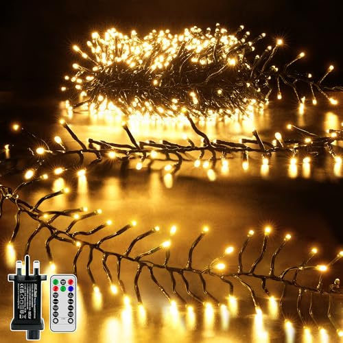 Hopexy Cluster Christmas Lights Outdoor, 9m 600LEDs Xmas Tree Fairy Lights Mains Powered with 8 Modes/Timer, Waterproof Warm White String Lights Plug in for Garland Outside Indoor Decorations