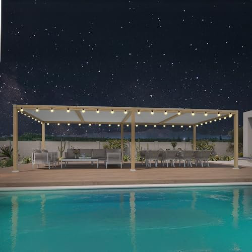PURPLE LEAF Pergola Bioclimatica Effetto Legno Alluminio 3,5 x 8,5 m, Pergola con LED, Gazebo da Giardino Esterno Impermeabile con Lame Orientabili per Terrazza, Giardino e Carport