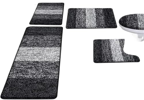 GOXQIT Badematte Badezimmerteppich-Sets, 5-teilig, mit WC-Bezug, Mikrofaser-Badematten for Badezimmer, waschbare Badteppiche mit U-förmigem WC-Vorleger FüR Dusche(Blue)