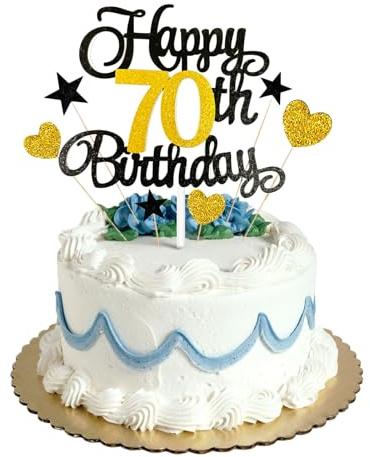 70th Happy Birthday Cake Topper Black Gold Glitter,Personalised Cake Toppers for Men Boys Women Girls Birthday Party Cake Decorations Kit with Star Heart Cupcake Topper