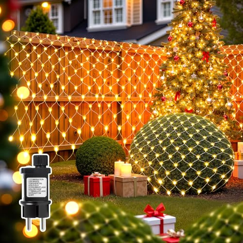 Focxoio 2 Stück Lichternetz Außen 3x2m 208 LED Lichterkette Netz mit 8 Modi, Speicher und Timerfunktion, LED Lichtervorhang Lichterkettennetz für Büsche Garten Innen Deko, Warmweiß
