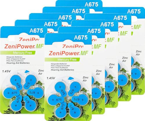 Zeni Power - Pilas para audífonos tipo 675-60 unidades, paquete de 10 blísteres de 6 pilas para audífonos, código de color azul PR44, 1,45 V