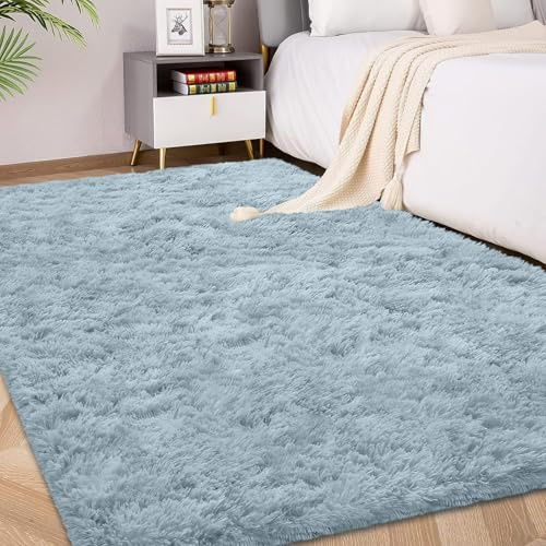 FVVRAX Fluffy Rugs Living Room Bedroom Shaggy Duck Egg Blue Rug 90x150cm | Machine Washable Rug Luxury Carpet, Non-Slip Non-Shedding Large Floor Mat for Cosy Homes Nursery Dorm, Kids & Pets Friendly
