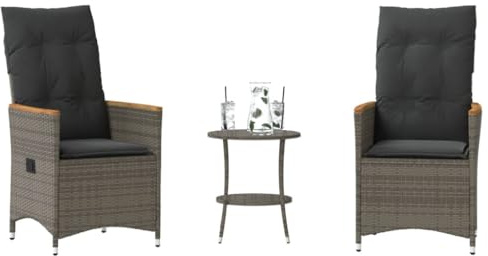 Tonture 3-TLG. Bistro-Set mit Kissen, Grau Poly Rattan, verstellbare Gartenstühle, runder Tisch, UV-beständig, wetterfest, für Balkon, Terrasse, Garten