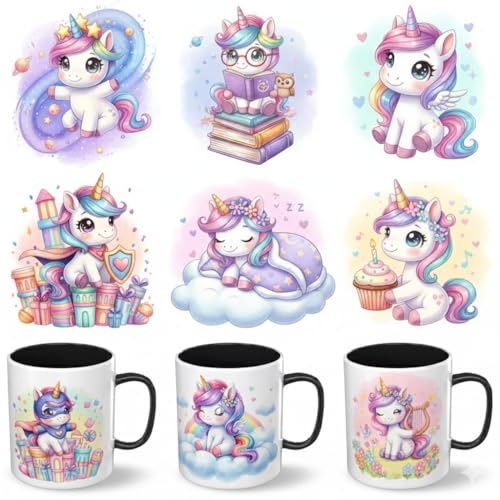 Cute Unicorn UV DTF Cup Wraps Transfer Stickers, 10 Pattern Waterproof Decals for Mug Glass Water Bottle, 2.5 Inch DIY Crafts