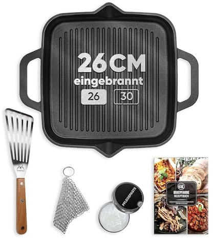 GUSSKÖNIG Gusseisenpfanne - 26cm Pfanne Gusseisen - Grillpfanne Gasgrill - Eingebrannte Gusseisen-Pfanne - Cast Iron Pan - Robuste Gusspfann+Pflegepaste, Ringreiniger & Rezeptbuch - 30 Jahre Garantie
