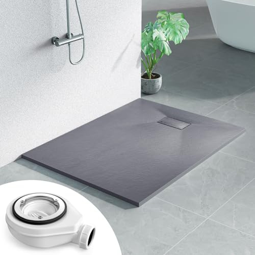 Heilmetz SMC Duschwanne 120 x 90 cm Grau, flach 2,6 cm inkl. Ablaufgarnitur | Pflegeleichte SMC Duschwanne mit rutschhemmender Steinoptik, 2,6 cm Höhe und 90 mm Ablauföffnung für flexible Montage