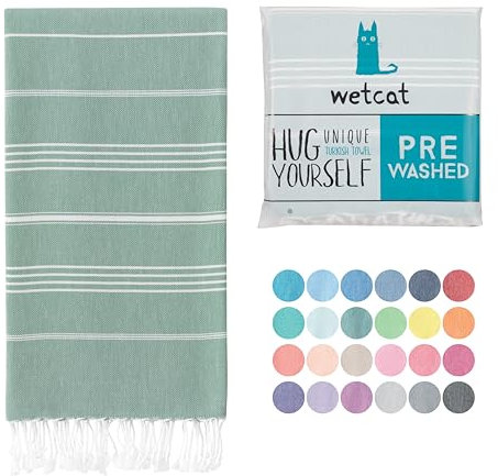 WETCAT Vorgewaschenes Super weiches türkisches Handtuch, 100% Baumwolle, Stranddecke, Pestemal, Fouta, Überwurf – für Bad, Strand, Pool, Picknick, Yoga, Reisen, 94 x 178 cm – Katze Katze Basic Teal