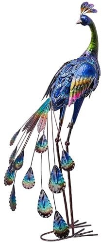 TERESA'S COLLECTIONS Large Garden Ornaments Outdoor, Gorgeous Standing Metal Peacock Garden Statues Sculptures, Bird Art Decorations for Lawn Yard, Gifts for Women, 35inch Tall