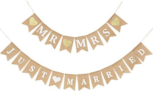 Blulu Lot de 2 bannières Mr and Mrs Just Married en Toile de Jute pour fête de Mariage