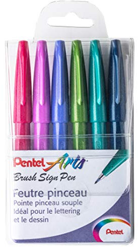 Pentel Arts Brush Sign Pen SES15C/6TREND, Pochette de 6 feutres pinceaux, Assortiment de couleurs tendances