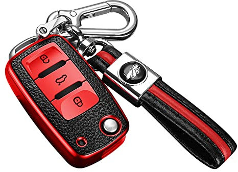 ontto Coque de clé de Voiture à Rabat 3 Boutons pour VW Volkswagen Polo Up Golf 4/5/6 T5 Tiguan Sharan Skoda Seat en Silicone et Cuir Rouge