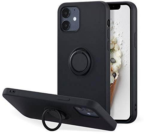 UEEBAI Case for iPhone 12 mini 5.4 inch, Ultra Slim Liquid Silicone Phone Case with 360 Rotatable Ring Holder Kickstand with Magnetic Car Mount Gel Rubber TPU Bumper Shockproof Cover - Black