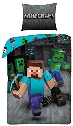 Halantex - MNC207 Minecraft Steve Bettwäsche für Einzelbett, mit Axt, offizielles Original-Bettwäsche-Set, Mehrfarbig, 100% Baumwolle, 140 x 200 cm + 70 x 90 cm