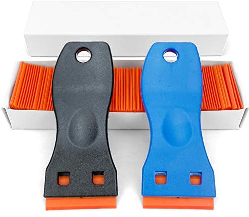Ewrap 2PCS Plastic Window Scraper Tool, Scraper for Hob Includes 100 Piece Plastic Scraper Replacement, for Remove Labels Stickers Decals, Safe to Glass
