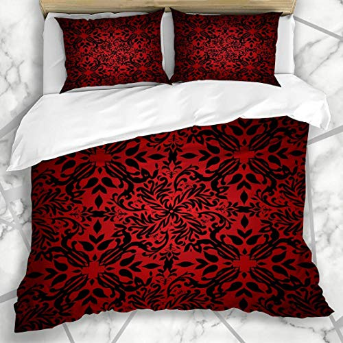 Jojun Bettbezug-Set, gefliest, antikes Rot, Schwarz, florales inspiriert, abstrakt, Renaissance, Barock, kreatives Curl-Flores-Design, Mikrofaser-Bettwäsche mit 2 Kissenbezügen