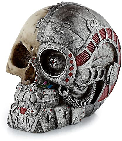 Generisch Gothic Steampunk Totenkopf, halb Totenkopf, halb Roboterkopf | Fantasy Skull, Totenschädel, Kopf-Skulptur, Statue, Figur, H 13,5 cm