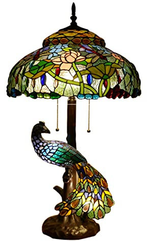 AIBOTY Pfau-Tischlampe im Tiffany-Stil Lotus Libellen-Buntglas-Schreibtischleuchten Europäische Retro Art Reading Beleuchtungskörper für Wohnzimmer, Schlafzimmer, Café, Bar, B 18 × H 30 Zoll