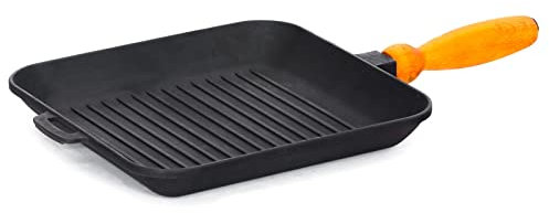 4BIG.fun Grillpfanne 28 cm Gusseisen quadratisch Bratpfanne Holzgriff Steakpfanne für Gasgrill, Backofen, Feuerstelle und alle Herdarten inkl. Induktion