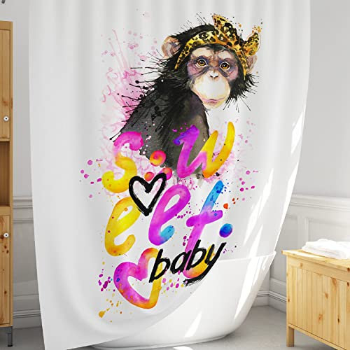 Rideau pour salle de bain tissu anti moisissure moderne | Rideau de douche animaux lavable de joli design Bébé singe| Une touche de fun avec cet ensemble de rideau de baignoire large 180x200 +Crochets
