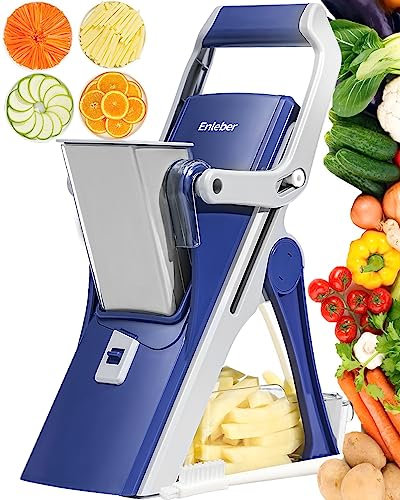 Safe Mandoline Slicer Aufrechter Gemüseschneider Julienne Dicer für Küche, Kartoffelschneider, Verstellbarer Gemüseschneider mit Behälter, Multifunktional 6 in 1 Lebensmittelzerkleinerer (Dunkelblau)