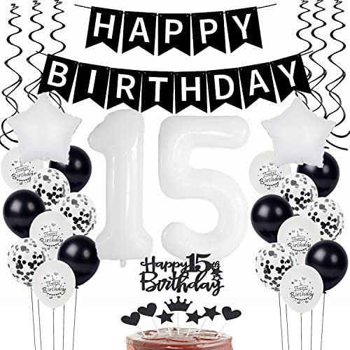 Luftsballon 15. Geburtstag Junge deko Schwarz Weiß Geburtstagsdeko 15 Jahre Mädchen Dekoration tortendeko 15 .Geburtstag Mädchen ballons 15.Kuchen 15. Junge deko