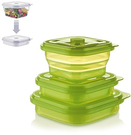 KLIPPSI® Lunchbox faltbar 3er Set- Brotdosen Frischhaltedosen aus Platin Silikon hitze-kältebeständig, auslaufsicher, spülmaschinengeeignet (limette)