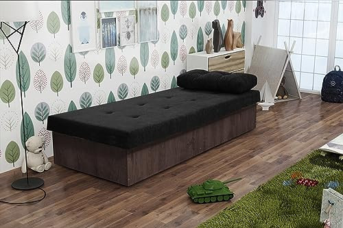 KIER FURNITURE Berta BIS Schlafsofa – Einzelbett – Bett Mit Matratze – Gästebett Klappbar – Bonell-federsystem – Polyurethanschaum – Ziernähte – 190x80x38cm – Dunkle Esche + Schwarzer Stoff