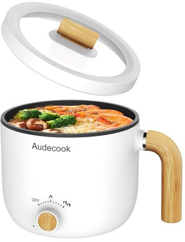 Audecook Olla Eléctrica, 1,5L Mini Olla Multifuncional Portátil, SartéN EléCtrica de Viaje con Doble Control de Potencia para Fideos Ramen/Pasta/Huevos/Sopa/Avena(Blanco)