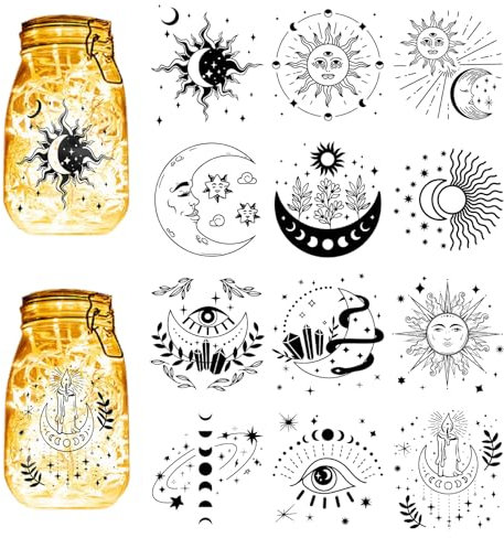 CREATCABIN 12 Stück Mondphasen-Silhouetten,Einmachglas-Dekoration,Sonnenstern-Laterne,Laserausschnitte,Ornamente,Scrapbook-Verzierung Für Milchglas,Wand,Fenster,Auto,Schwarz,10x9cm(Kein Aufkleber)