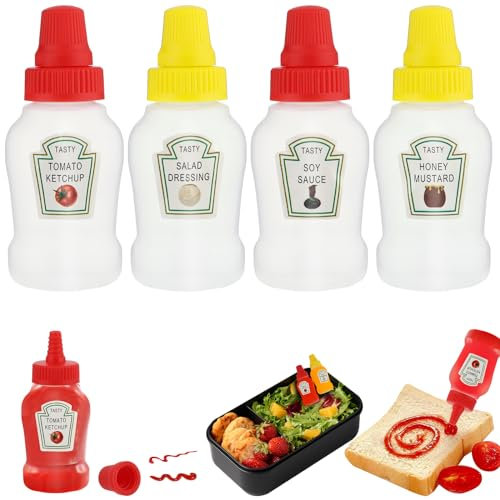 Andibro Lot de 4 mini bouteilles de ketchup, 23 ml, rechargeables en plastique, petites bouteilles compressibles, pour vinaigrette, sauce, confiture, miel, chocolat, crème, sirop, salade, accessoires