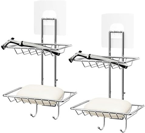 Goldmeet 2 Tier Suction Soap Dishes with Hooks, 2 Pack Stainless Steel Adhesive Soap Dish with Drainage, Wall-Mounted Kitchen Bathroom Soap Holder, Soap Tray for Shower, Soap Bar Holder, No Drilling
