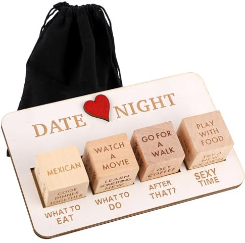 BOXOB Legno Dadi per Un Appuntamento Notturno, 16x10cm Set di Dadi per Coppia Dadi Decisionali per Coppie, Dadi da Gioco per Coppie Regali per Anniversario San Valentine (5 Pezzi di Dadi + Custodia)