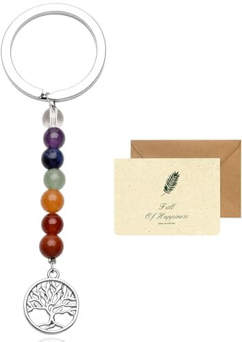 SwirlColor Baum des Lebens Schlüsselanhänger, 7 Chakra Heilung Kristall Lebensbaum Schlüsselanhänger Edelstein Glücksbringer Schlüsselanhänger damen mit Beste Wünsche Grußkarten