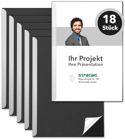 STRATAG Klemmschienen-Set (18 Stück) mit transparentem Deckel aus PP Kunststoff sowie Binderücken aus stabilem 350 g/m² Karton (Klemmmappe A4 Schwarz)