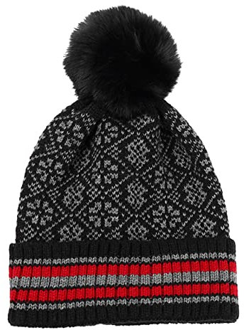 Modische Wintermütze, lässig, warme Mütze, Damen, gestrickt, Wintermode, Nationaldruck, gestreift, Haarball, Waschbär, warme Skimütze, warme Kappe, Herren-Trapper-Wintermütze, Schwarz , Einheitsgröße