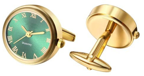 Silverora Uhren Herren Manschettenknöpfen Taschenuhr: Runde Analog Quarz Manschettenknopfuhr mit Römische Ziffernskala Hemdknöpfe Hemdmanschetten Geschenke für Männer Hochzeit Business grün Gold