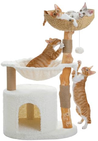 PAWZ Road Modern Cat Tree with Natural Solid Wood Scratching Post, 40 Inches Cat Tower with Spacious Wicker Basket,Large Metal Hammock,Luxury Condo for Indoor Cats