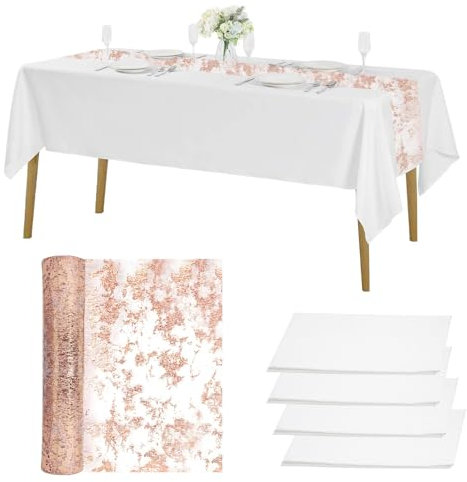4 Pièces Nappe Blanche Jetable 137 x 274 cm et 1 Rouleau de Chemin de Table Rose Gold de 28 cm x 10 m, Nappe Rectangulaire Blanche, Nappes Jetables Imperméable en PEVE, pour Anniversaire, Banquet