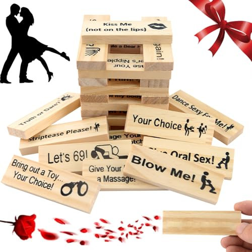 Der Lust Tower, 48 Stück Super freches Blockturm-Spiel Valentins-Taumelturm Blockspiele for Paare Holzblöcke mit Wahrheit oder Pflicht Fragen und Herausforderungen Paarspiele for Erwachsene Brettspiel