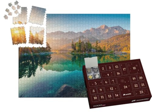 puzzleYOU: Puzzle-Adventskalender | „Beeindruckender Sommer-Sonnenaufgang am Eibsee mit Zugspitze“ – aus der Puzzle-Kollektion Eibsee, Bayerische Alpen
