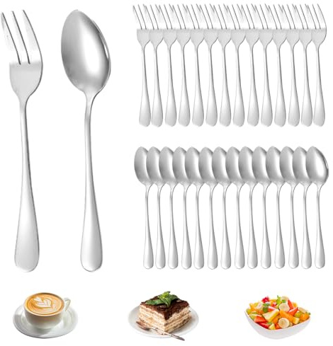 PRITOK 30 Stück Kuchengabeln Edelstahl Kaffeelöffel, Edelstahl Teelöffel Besteck Set 15 Kaffeelöffel und 15 Kuchengabeln für 15 Personen für Haus, Restaurant, Küche