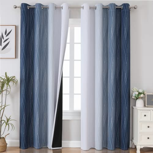 VEHEDE Ombre Blackout Curtains 90 Inch Drop for Bedroom, Thermal Insulated Curtains, Gradient Light Blocking Eyelet Drapes for Living Room, W52 x L90 Inch, Navy Blue and Greyish White, 2 Panels