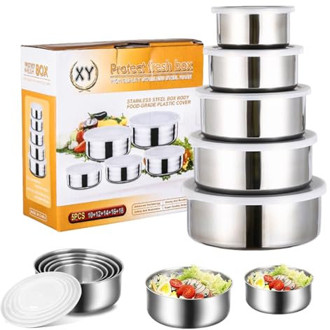 Vyanveo Lot de 5 Saladier avec Couvercle 27+430+680+1980l+1300ml Saladier Inox Empilables Cul de Poule Inox pour la Cuisine, la Pâtisserie et le Stockage