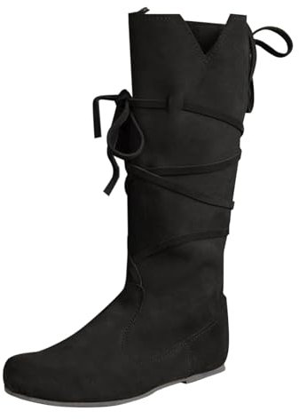 Cowboy - Stivali da donna e da uomo in primavera e inverno, con tacco piatto, suola spessa, lacci, gioco di ruolo medievale, punta rotonda, lacci, gambo alto da donna 36, Nero , 39 EU